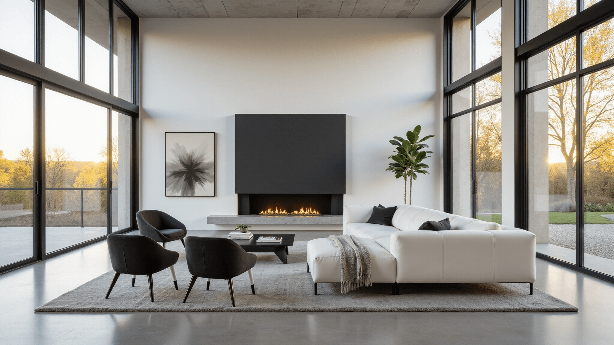 A modern luxury mansion living room with a white leather sectional sofa, minimalist black fireplace, and floor-to-ceiling windows, filled with natural sunlight. The space features polished concrete floors, soft gray area rug, charcoal velvet accent chairs, and large abstract canvas art. Two tall fiddle leaf fig plants add greenery, while a glass coffee table stacks art books. The interior showcases crisp clean lines, a neutral color palette with earth tones, and dramatic shadows, capturing a high-end architectural photography style.