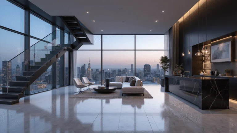 A hyperrealistic architectural visualization of a luxurious modern penthouse interior at twilight, featuring floor-to-ceiling windows with panoramic city views, Italian Calacatta marble flooring, a floating glass and steel staircase, a custom white leather sectional, and a black onyx wet bar, all captured in dramatic lighting with a color palette of cool grays, warm whites, and deep blacks, accented by teal city lights.