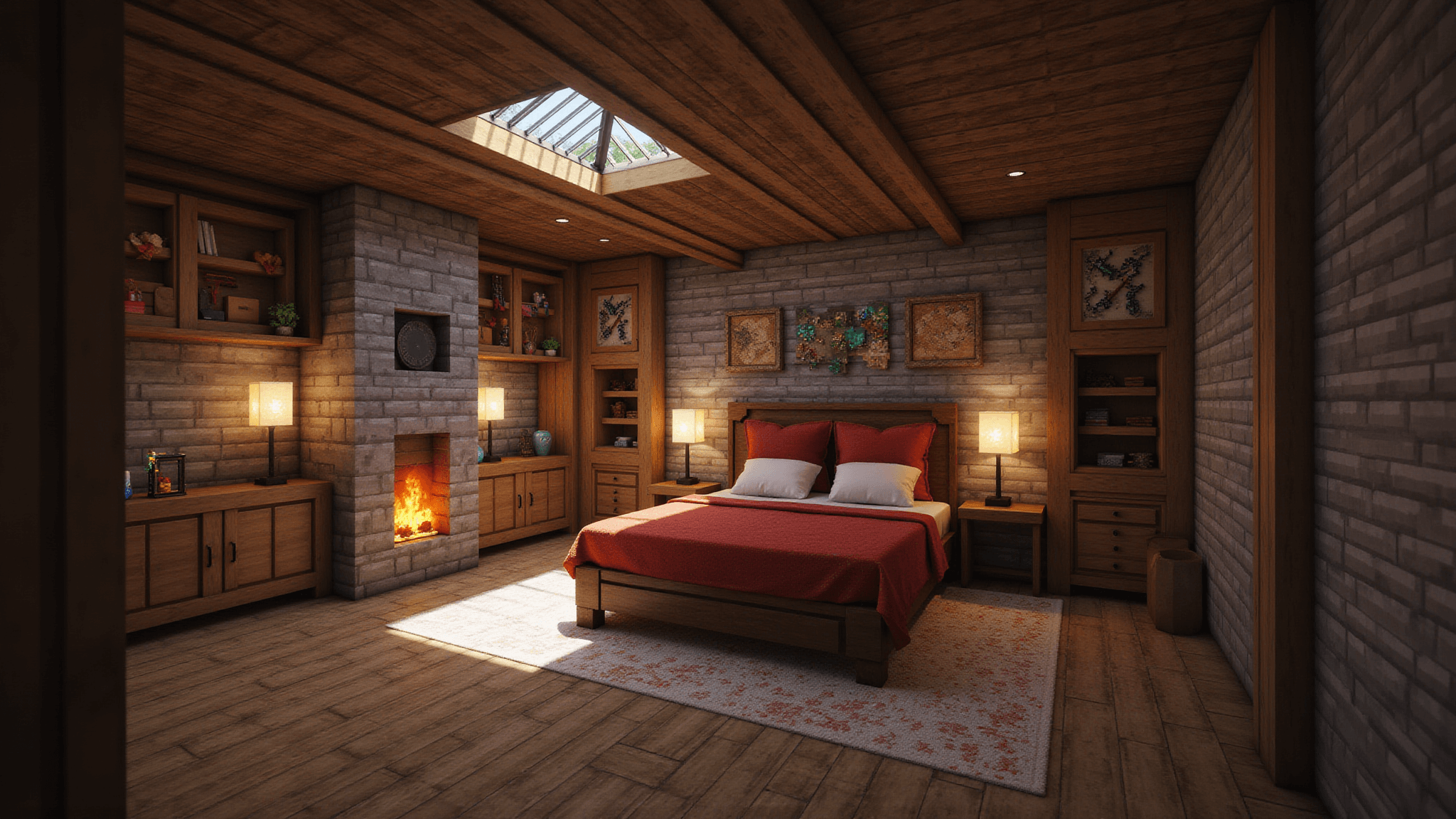 A cozy Minecraft-inspired bedroom featuring rustic wood walls, a peaked ceiling, and dramatic morning sunlight. The room includes a king bed with red wool bedding, a corner stone fireplace, oak bookshelves, and glowstone lamps, all depicted in photorealistic detail.