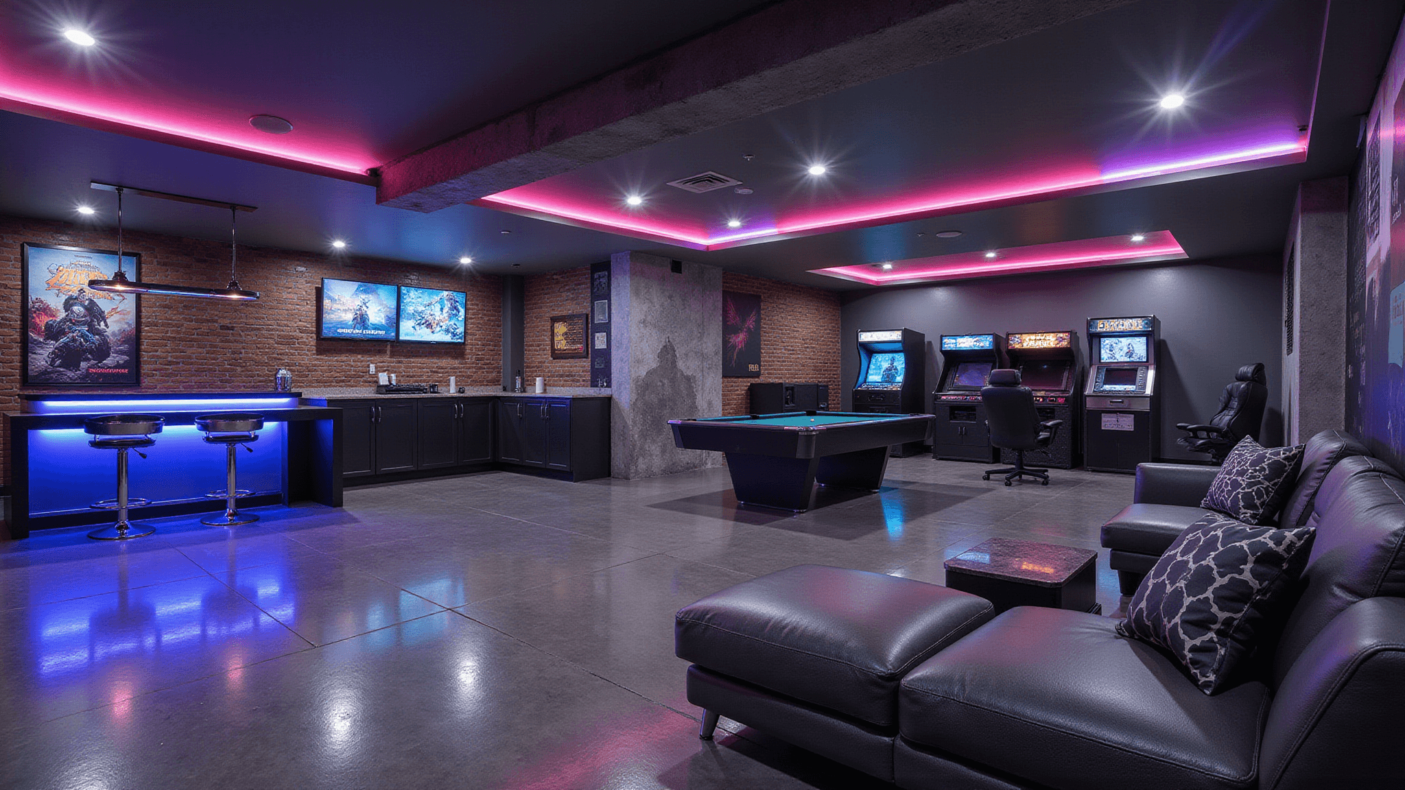Photorealistic image of a spacious industrial-style basement game room featuring a custom bar island, professional pool table, curved gaming setup, retro arcade cabinets, and ambient RGB lighting, captured in high dynamic range.