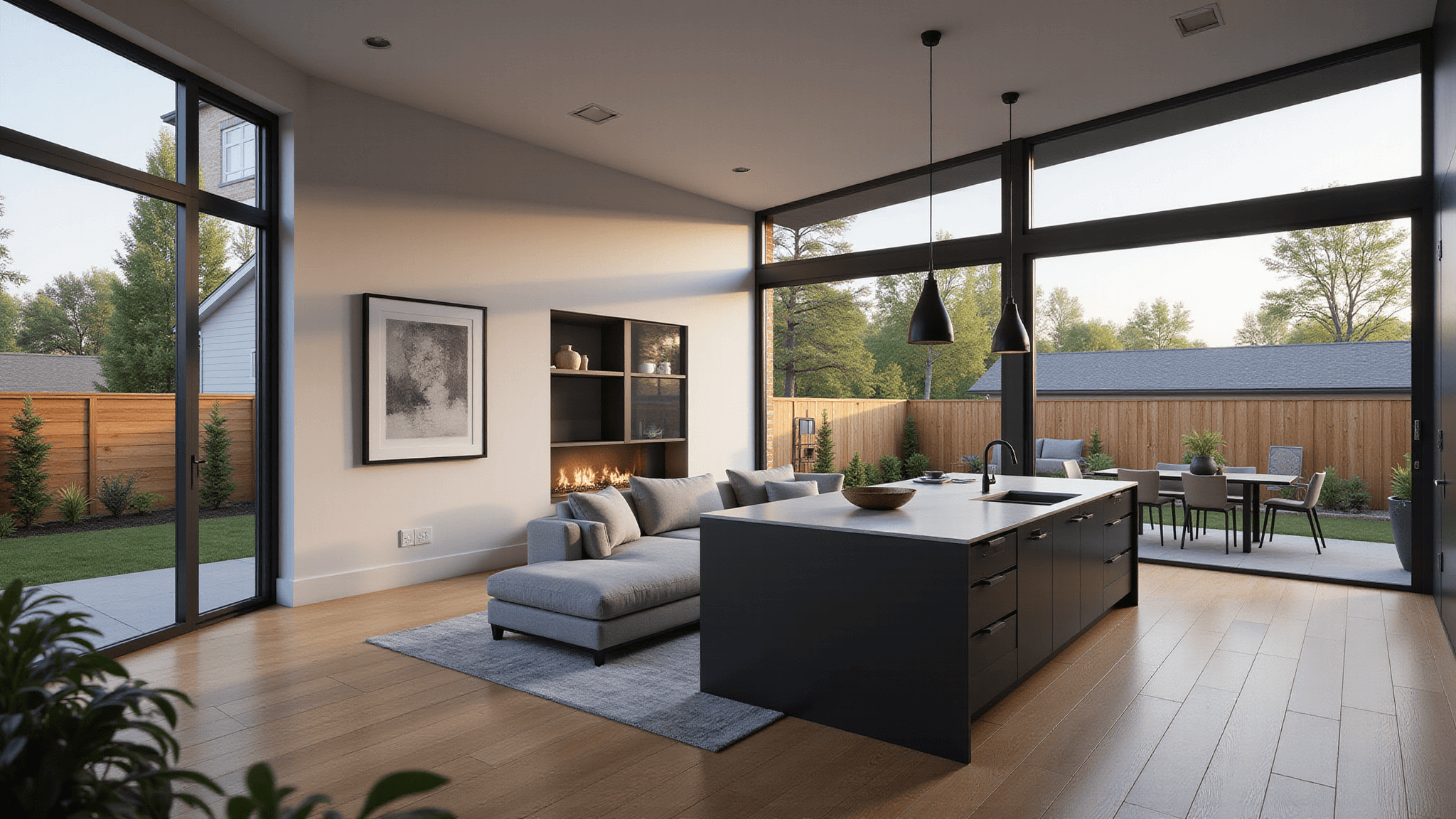 Photorealistic architectural visualization of a luxurious single-story Bloxburg home interior and exterior, featuring an open-concept layout with 12-foot ceilings, floor-to-ceiling windows, modern living room with gray sectional, black kitchen island, and white cabinetry, enhanced by warm wood flooring and manicured landscaping.