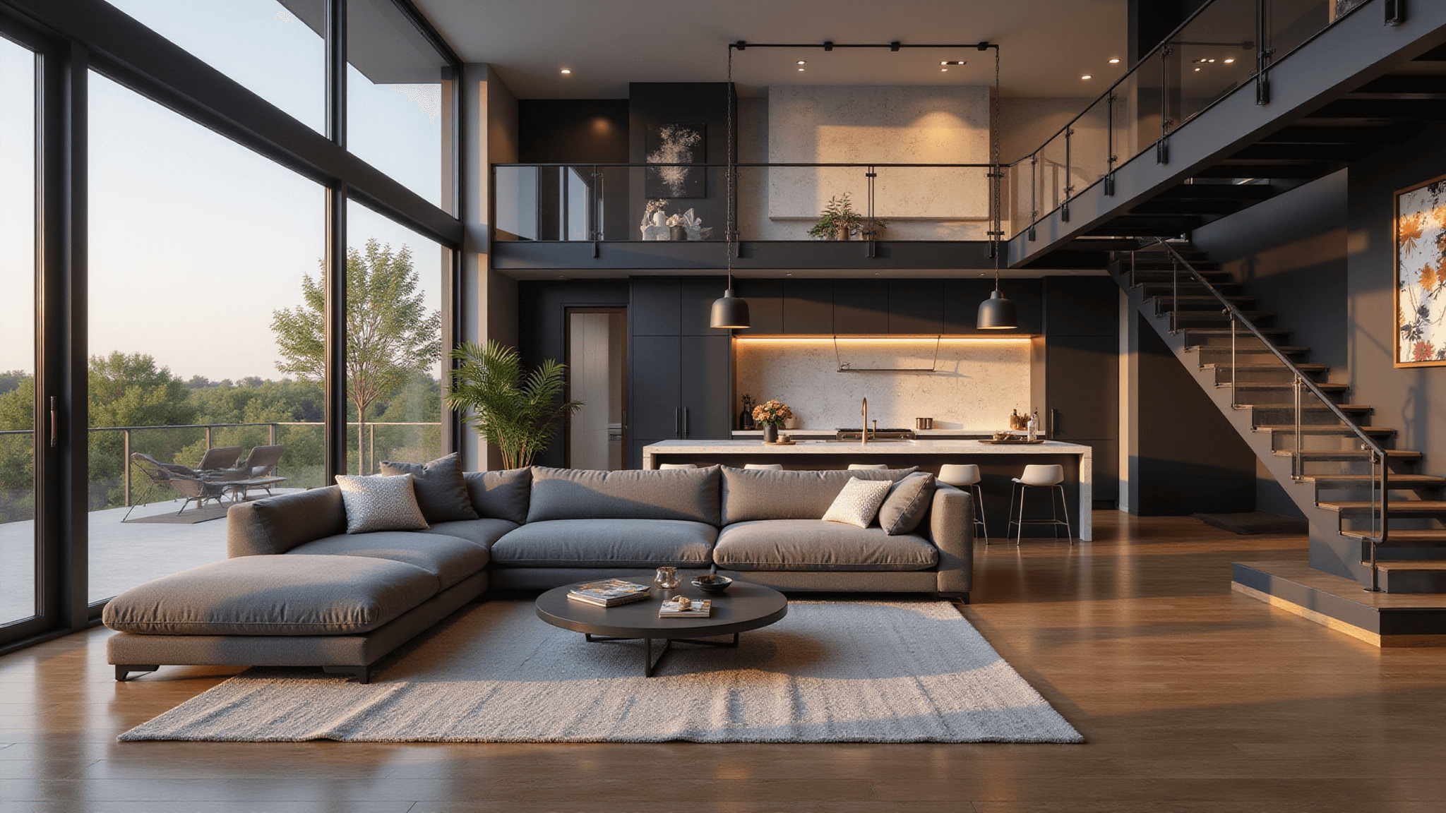 Cinematic wide-angle shot of a modern Bloxburg home interior featuring an open-concept living space with a plush gray sectional sofa, minimalist coffee table, and designer pendant lights, illuminated by golden hour light through floor-to-ceiling windows, showcasing a stylish kitchen and floating staircase.