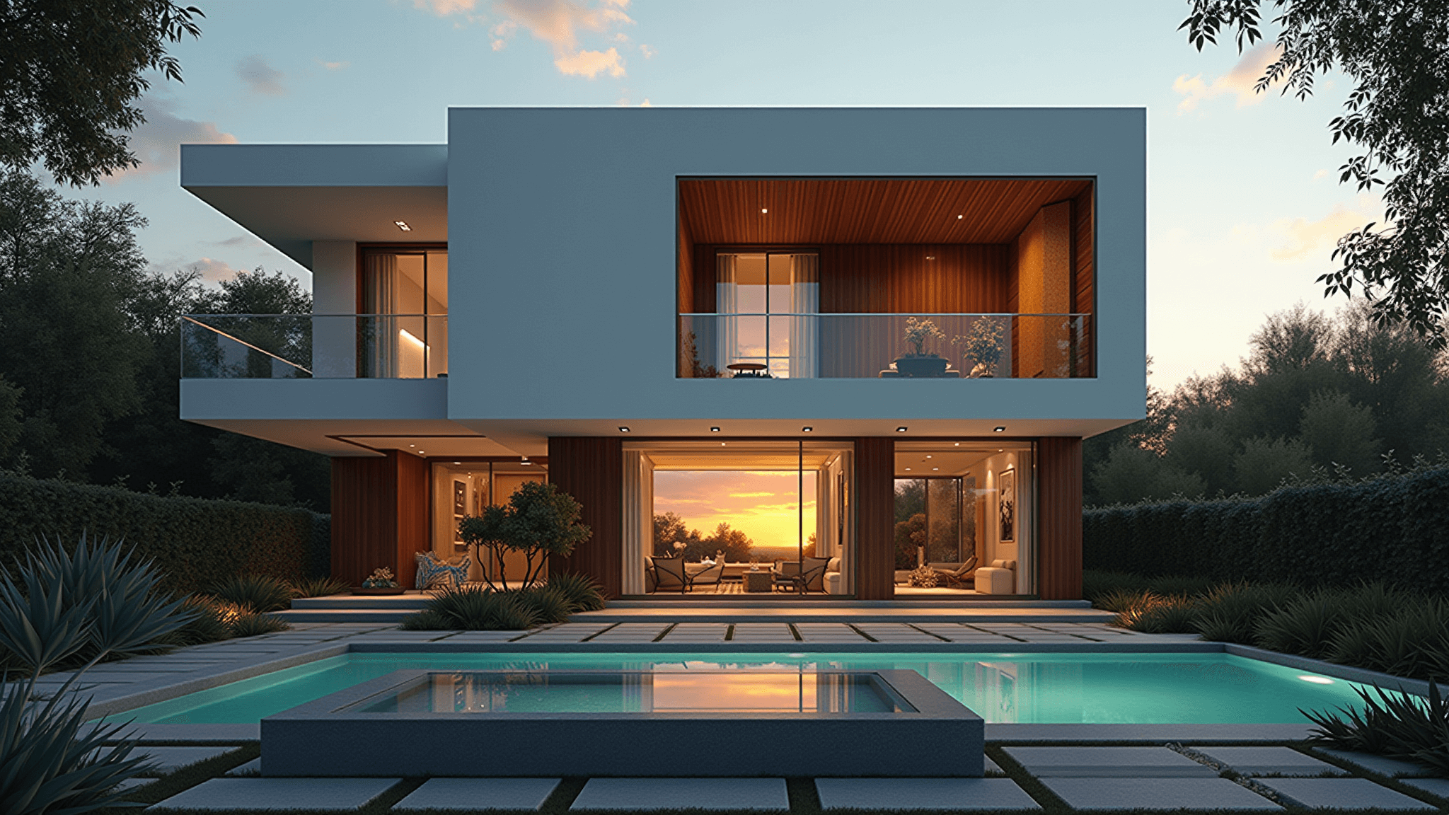 A modern two-story mansion at twilight with a white stucco and dark wood facade, featuring floor-to-ceiling windows reflecting the orange sunset, surrounded by angular succulent landscaping and an infinity edge pool, captured from a low angle with dramatic lighting and hyper-realistic details.