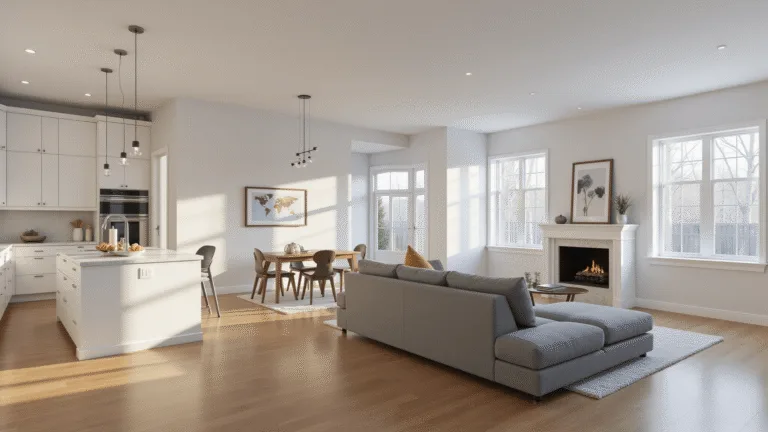 Photorealistic interior of a modern Bloxburg house showcasing an open-concept living space with natural lighting, featuring a sleek white kitchen with an island, an L-shaped gray sofa, a minimalist fireplace with built-in shelving, warm wood flooring, and high ceilings, all in a neutral color palette.