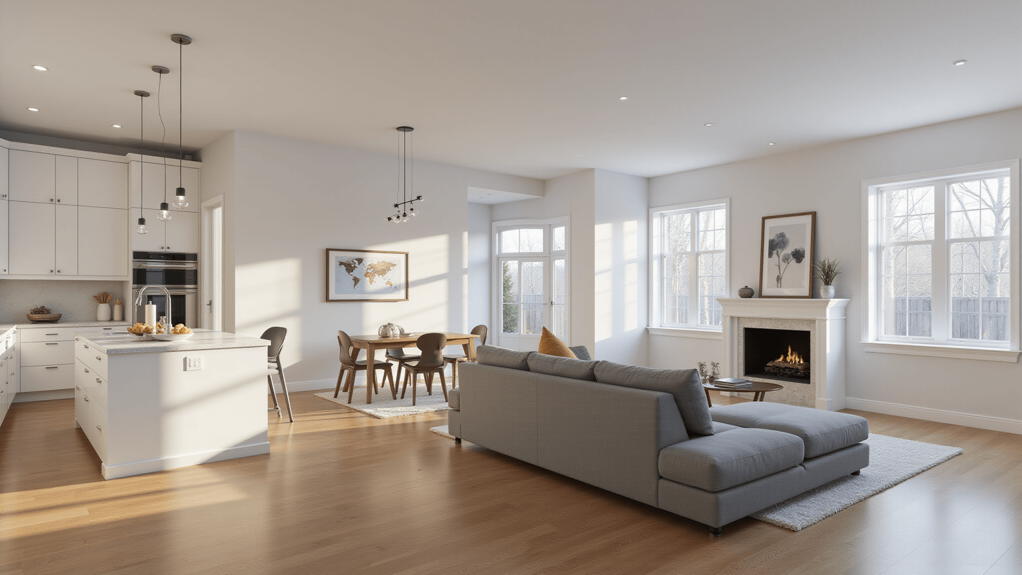 Photorealistic interior of a modern Bloxburg house showcasing an open-concept living space with natural lighting, featuring a sleek white kitchen with an island, an L-shaped gray sofa, a minimalist fireplace with built-in shelving, warm wood flooring, and high ceilings, all in a neutral color palette.