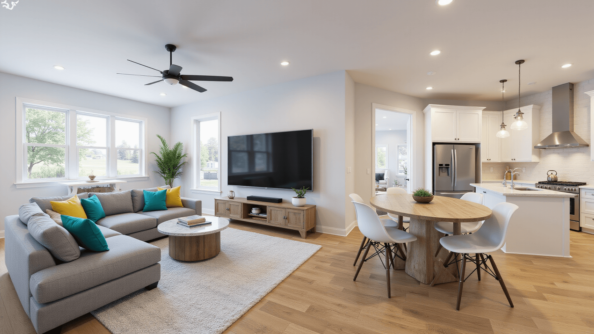 Photorealistic rendering of a modern open-concept living space in Bloxburg featuring an L-shaped grey sofa with teal and yellow pillows, an 85-inch flat-screen TV, a farmhouse dining table, and a white kitchen with a large marble island, illuminated by soft natural light through floor-to-ceiling windows.