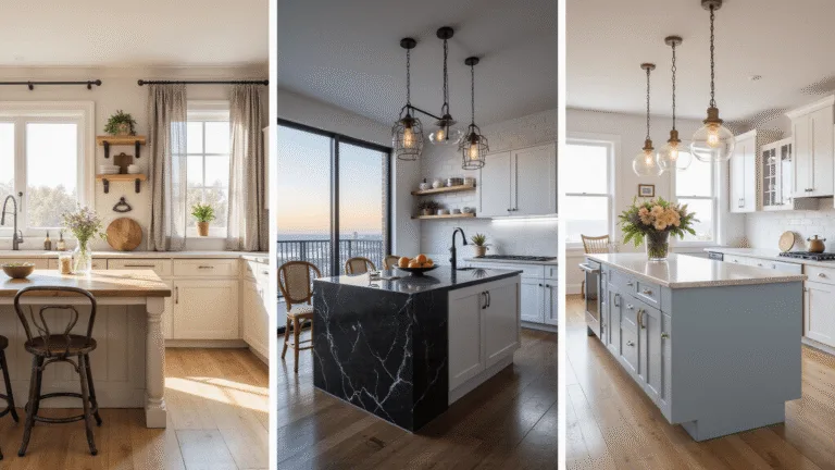 A photorealistic wide shot showcasing three distinct kitchen styles: a warm rustic farmhouse kitchen with cream shaker cabinets and wildflowers, a sleek ultra-modern penthouse kitchen with a black marble island and city views at dusk, and a bright coastal kitchen with pale blue cabinets and ocean views, all captured in soft natural and ambient lighting.