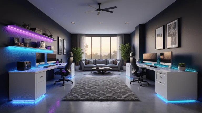 A spacious modern gaming room featuring two L-shaped quartz desks with dual curved monitors, ergonomic gaming chairs, ambient LED lighting, and stylish decor, captured in warm golden hour lighting.