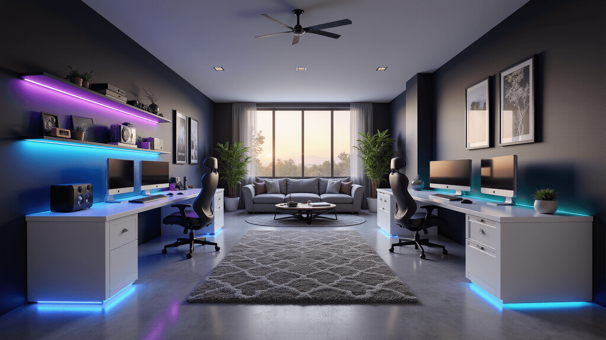 A spacious modern gaming room featuring two L-shaped quartz desks with dual curved monitors, ergonomic gaming chairs, ambient LED lighting, and stylish decor, captured in warm golden hour lighting.