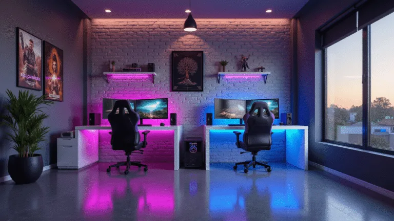 A luxurious modern gaming room featuring dual high-end gaming setups with curved monitors, ergonomic chairs, an exposed brick accent wall decorated with LED panels, and polished concrete floors, all illuminated by ambient lighting during golden hour.