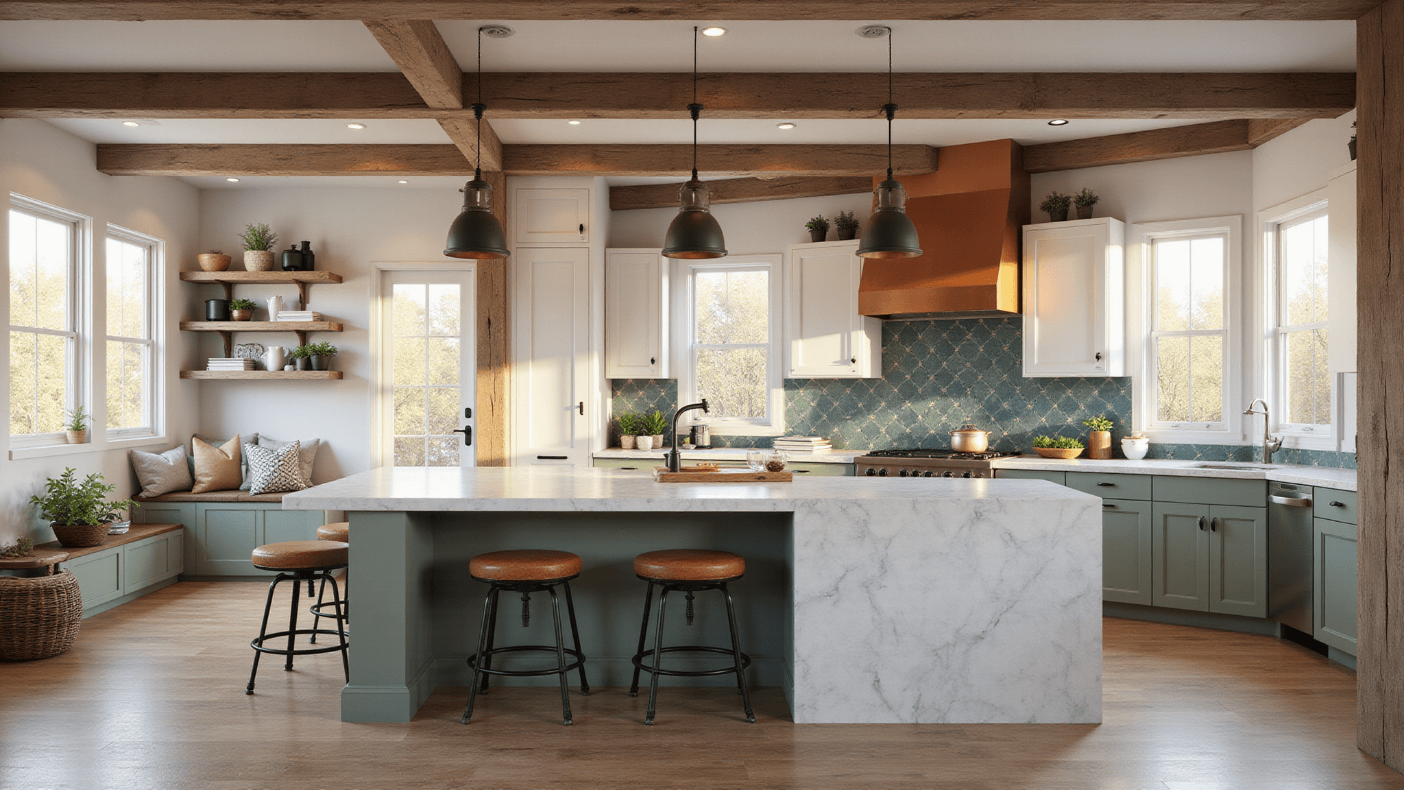A spacious modern farmhouse kitchen featuring floor-to-ceiling windows, a waterfall quartz island, sage green and white cabinetry, a copper hood vent, geometric tile backsplash, and a cozy reading nook, all illuminated by warm golden hour light.