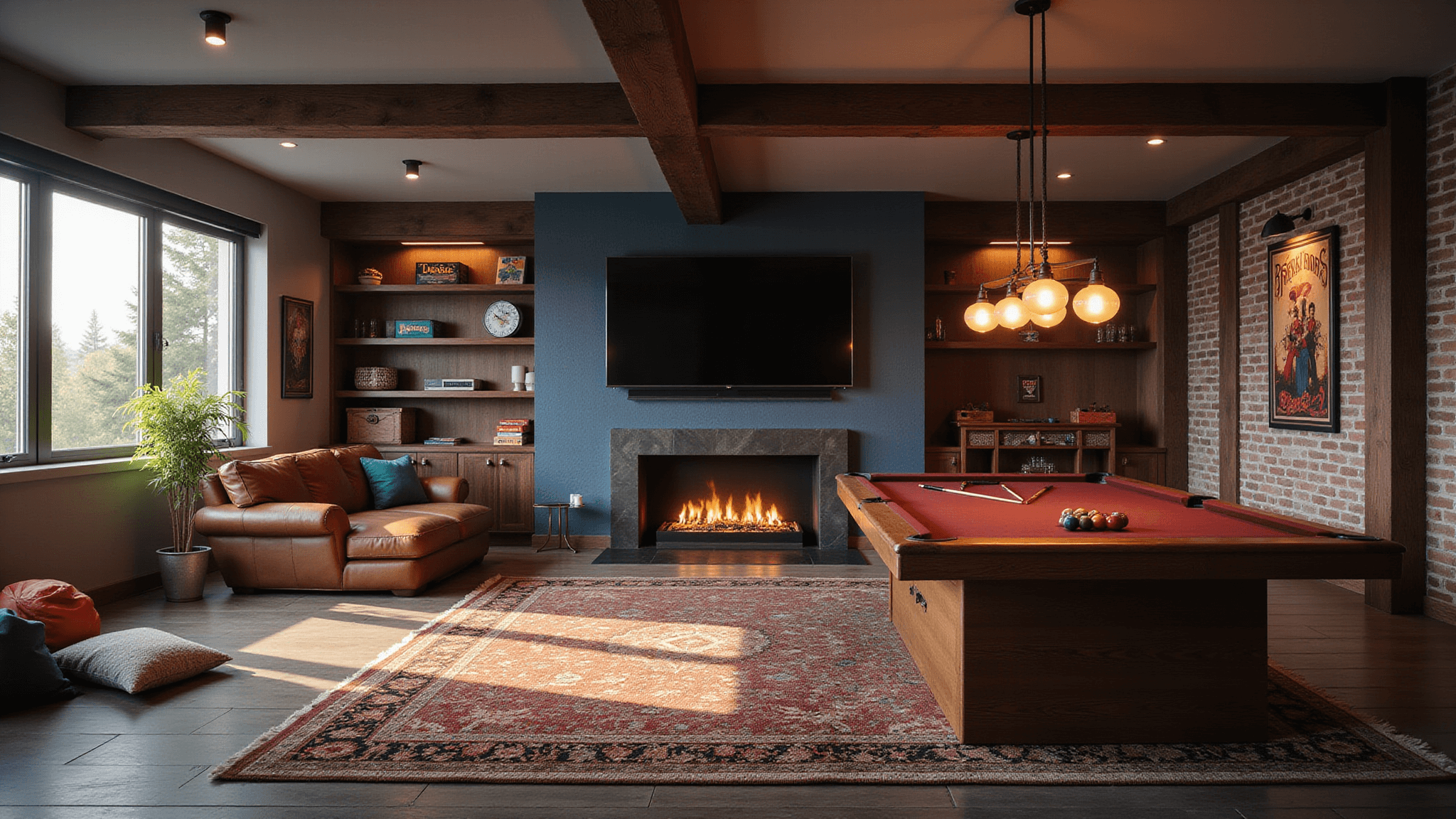 A luxurious basement game room featuring a vintage pool table on a Persian rug, mid-century modern sectional sofa, and a large flat-screen TV above an electric fireplace, illuminated by warm pendant lights, with an industrial-style design and vibrant decor elements.