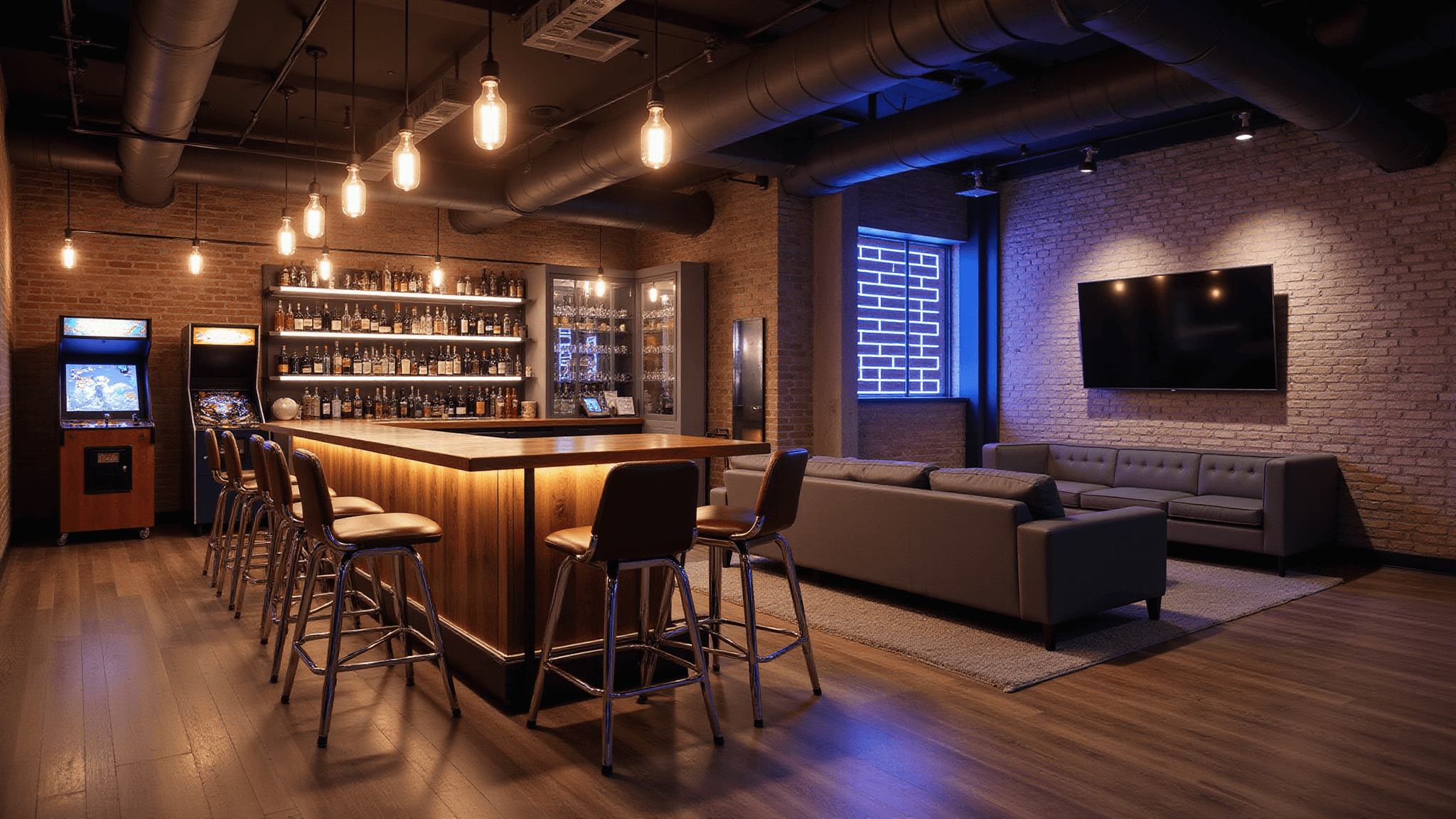 A photorealistic wide-angle shot of a modern game room bar featuring a reclaimed wood bar, arcade machines, ambient LED lighting, and a vintage pinball machine, all captured during golden hour with dramatic lighting.