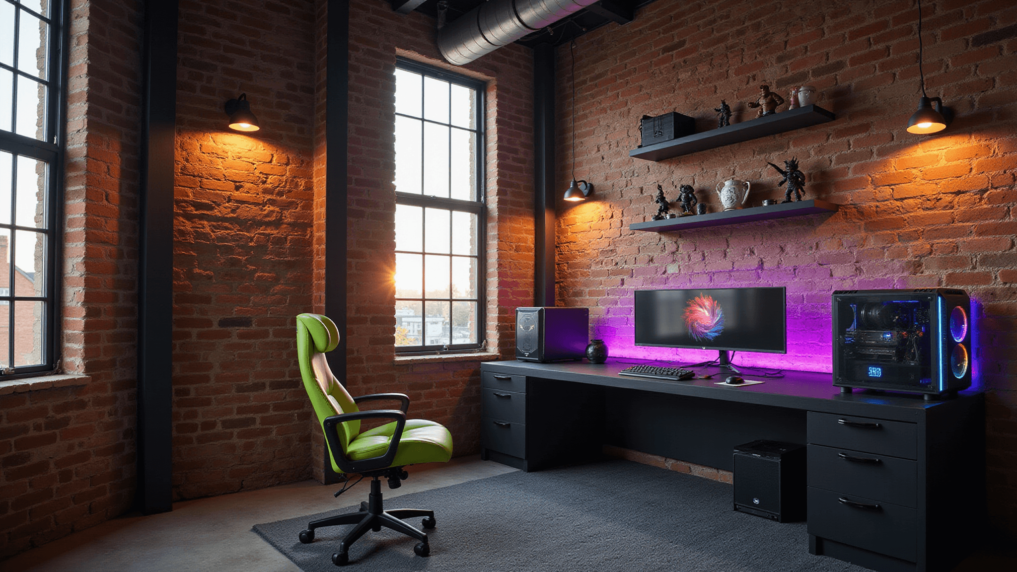 A sophisticated gaming room with industrial brick walls, a matte black gaming desk, curved ultrawide monitor, custom RGB-lit PC, and neon green gaming chair, illuminated by warm afternoon sunlight and modern pendant lights, featuring floating shelves with collectibles and immaculate cable management.