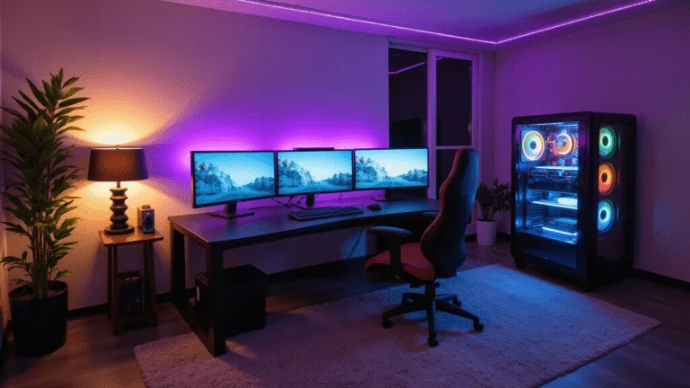 A hyperrealistic image of a modern gaming command center featuring a spacious room with a curved gaming desk, triple monitor setup with RGB lighting, an ergonomic black and red gaming chair, and a custom PC with vibrant RGB in a clean, minimalist aesthetic, illuminated by cinematic golden hour light and ambient LED strips.