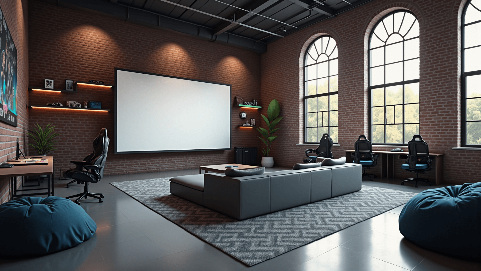 A luxurious loft-style gaming and recreation room featuring exposed brick walls, industrial steel beams, and large factory windows, with a curved gray sectional sofa, a massive projection screen, ergonomic gaming chairs, a cozy reading nook, and RGB lighting, all in a contemporary industrial-chic design.