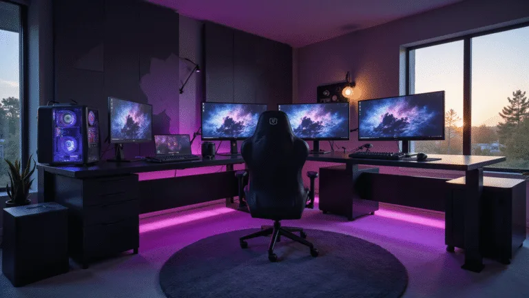 A cinematic wide-angle shot of a modern gaming battlestation featuring a custom water-cooled PC, triple monitor setup, and premium gaming peripherals, illuminated by ambient RGB lighting and natural light during golden hour.