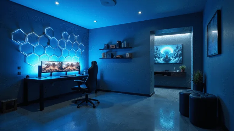 A modern gaming room featuring ultra-wide curved monitors, ambient electric blue lighting, and minimalist decor, complete with geometric shelves and a premium leather gaming chair, captured in photorealistic detail with a blurred background.