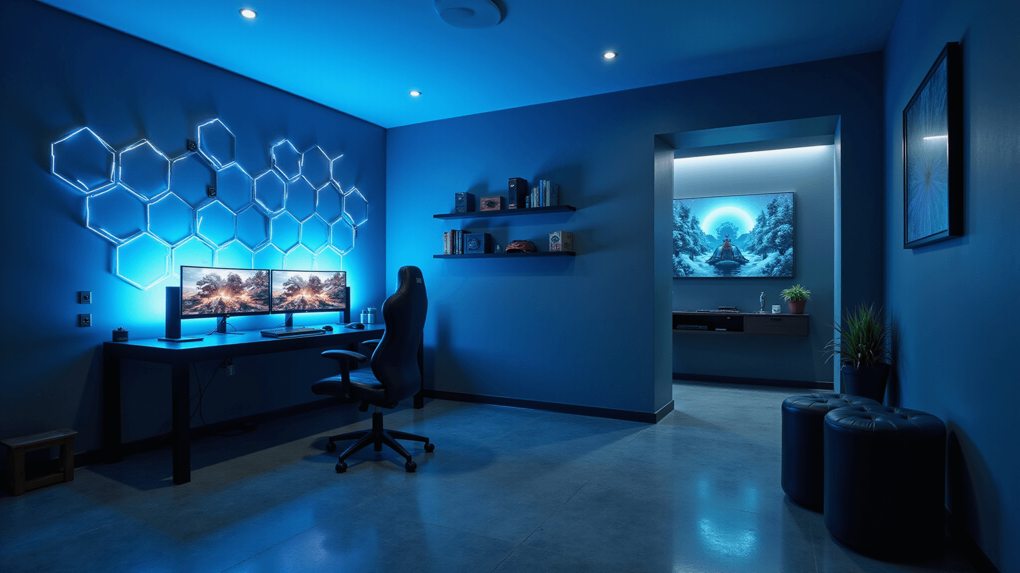 A modern gaming room featuring ultra-wide curved monitors, ambient electric blue lighting, and minimalist decor, complete with geometric shelves and a premium leather gaming chair, captured in photorealistic detail with a blurred background.