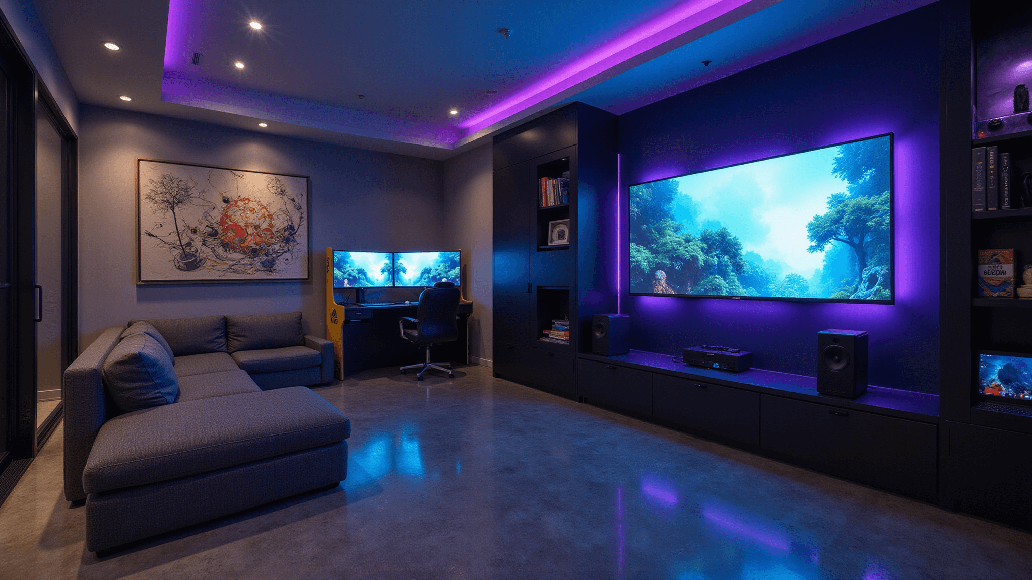 Luxury gaming room with ambient lighting, featuring a 75-inch curved OLED TV, L-shaped sectional, dual-monitor gaming station, vintage arcade cabinet, and floating shelves displaying collectibles, captured in a cinematic wide-angle shot.