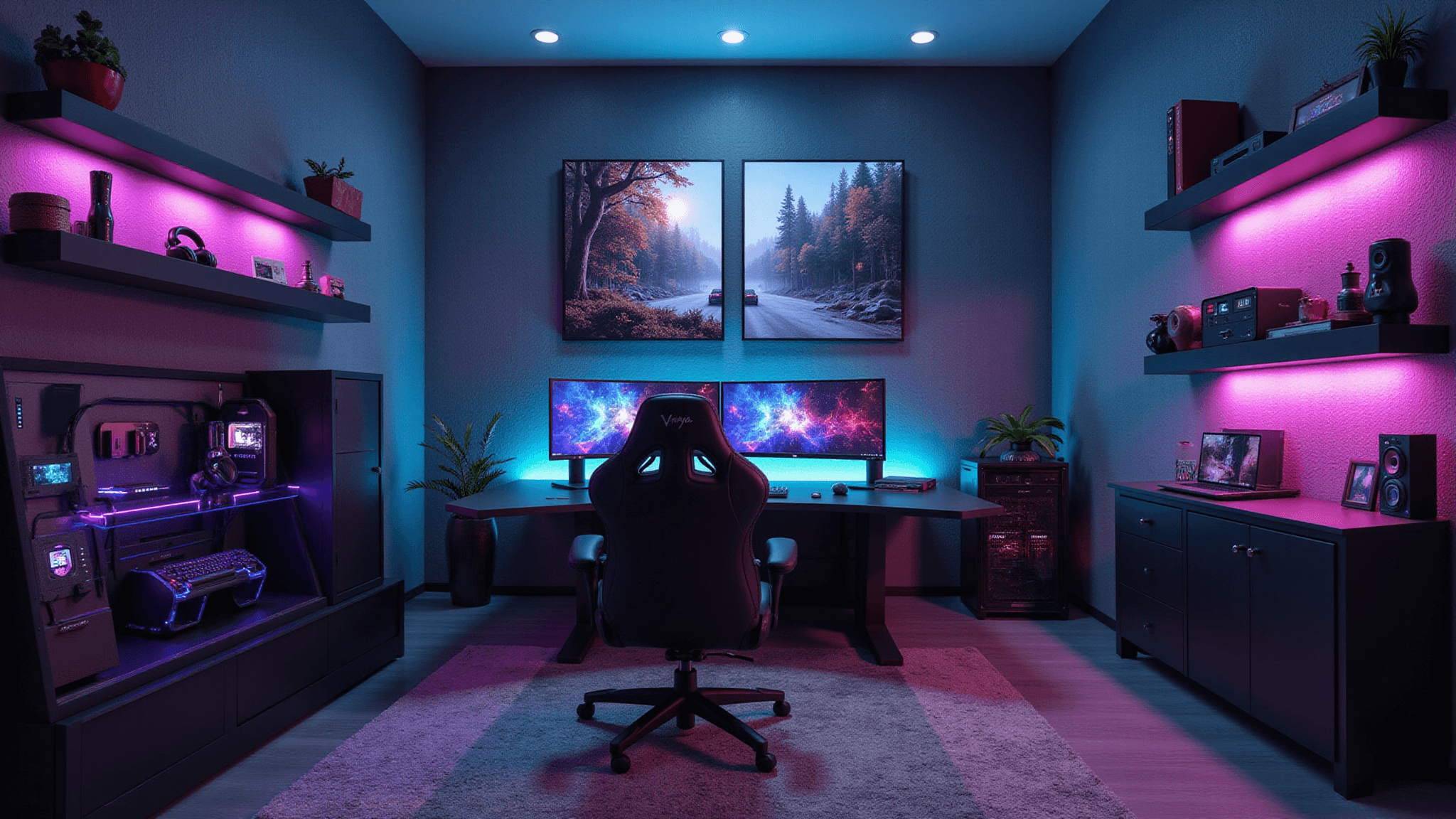 Cinematic ultra-wide shot of a modern gaming sanctuary in cyberpunk aesthetic, featuring a high-tech gaming setup with a curved monitor, ergonomic chair, and RGB lighting, showcasing collectibles and a custom PC in a moody atmosphere.