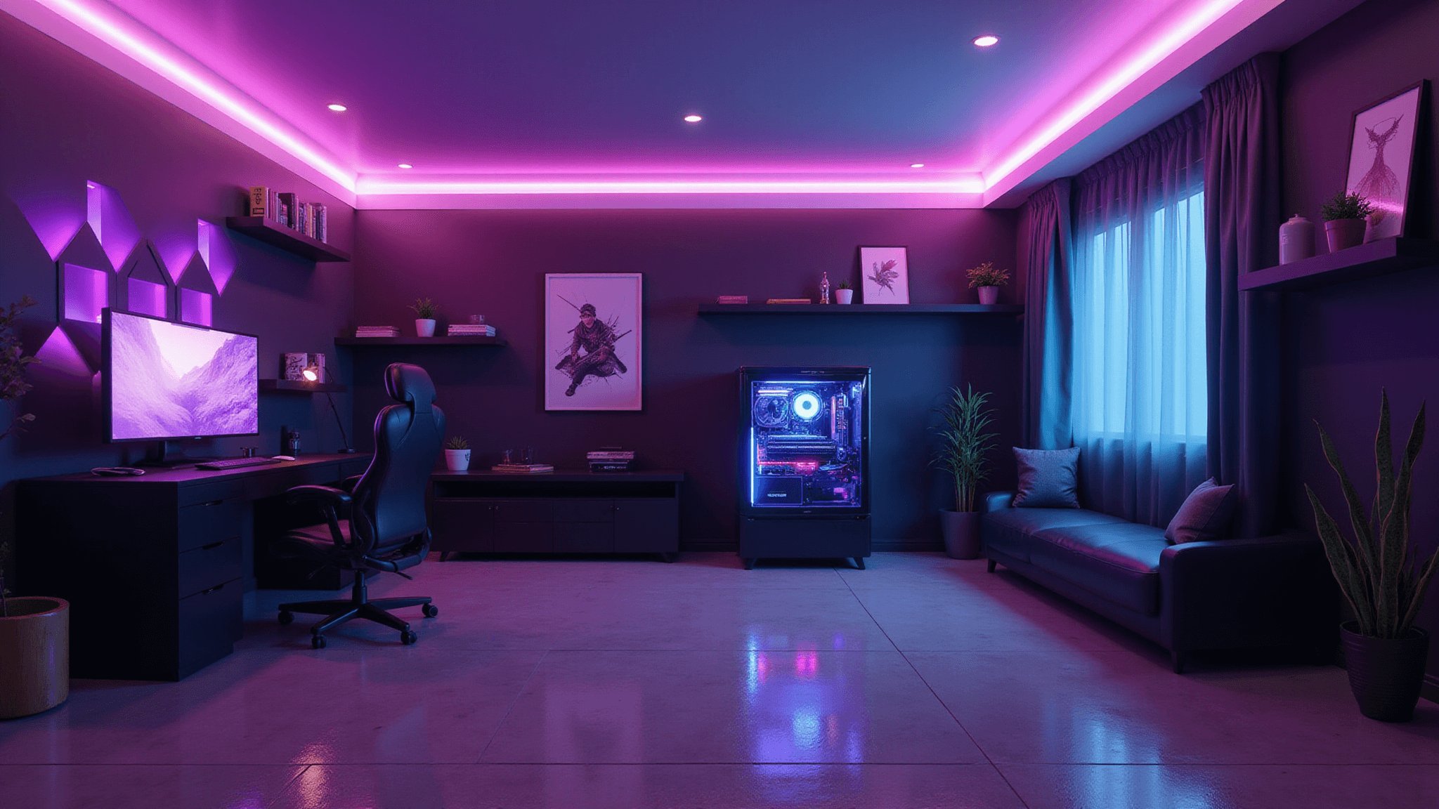 A sleek teen gaming room with RGB lighting, featuring a curved gaming monitor, custom liquid-cooled PC, ergonomic gaming chair, and floating shelves of collectibles, all captured in golden hour lighting with a photoreal, cinematic quality.