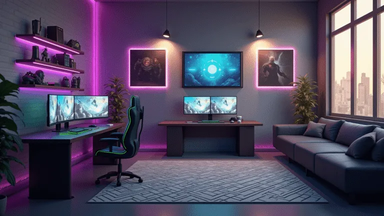 A modern gaming room featuring a curved ultrawide monitor setup, surrounded by dynamic RGB LED ambient lighting, ergonomic gaming chair with neon accents, exposed brick wall with minimalist posters, and a polished concrete floor reflecting golden hour sunlight.