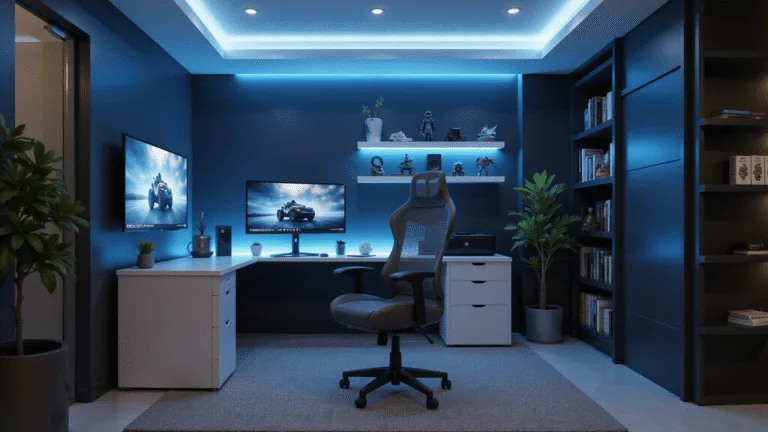 Small Gaming Room Ideas: Maximize Your Space for Epic Gaming Sessions A compact modern gaming sanctuary featuring a corner L-shaped desk, curved ultrawide monitor, ergonomic gaming chair, and ambient electric blue LED lighting against matte black walls, with a bookshelf and plant complementing the setup in a photorealistic, cinematic wideshot.