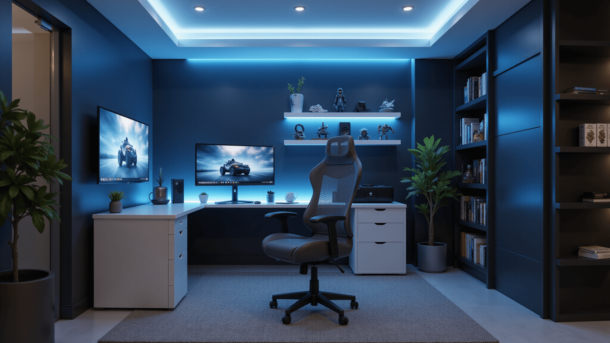 A compact modern gaming sanctuary featuring a corner L-shaped desk, curved ultrawide monitor, ergonomic gaming chair, and ambient electric blue LED lighting against matte black walls, with a bookshelf and plant complementing the setup in a photorealistic, cinematic wideshot.
