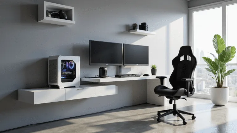A sleek minimalist gaming room with a white floating desk, triple monitor setup, and ergonomic gaming chair, illuminated by natural light through large windows, featuring polished concrete floors and decorative shelves.