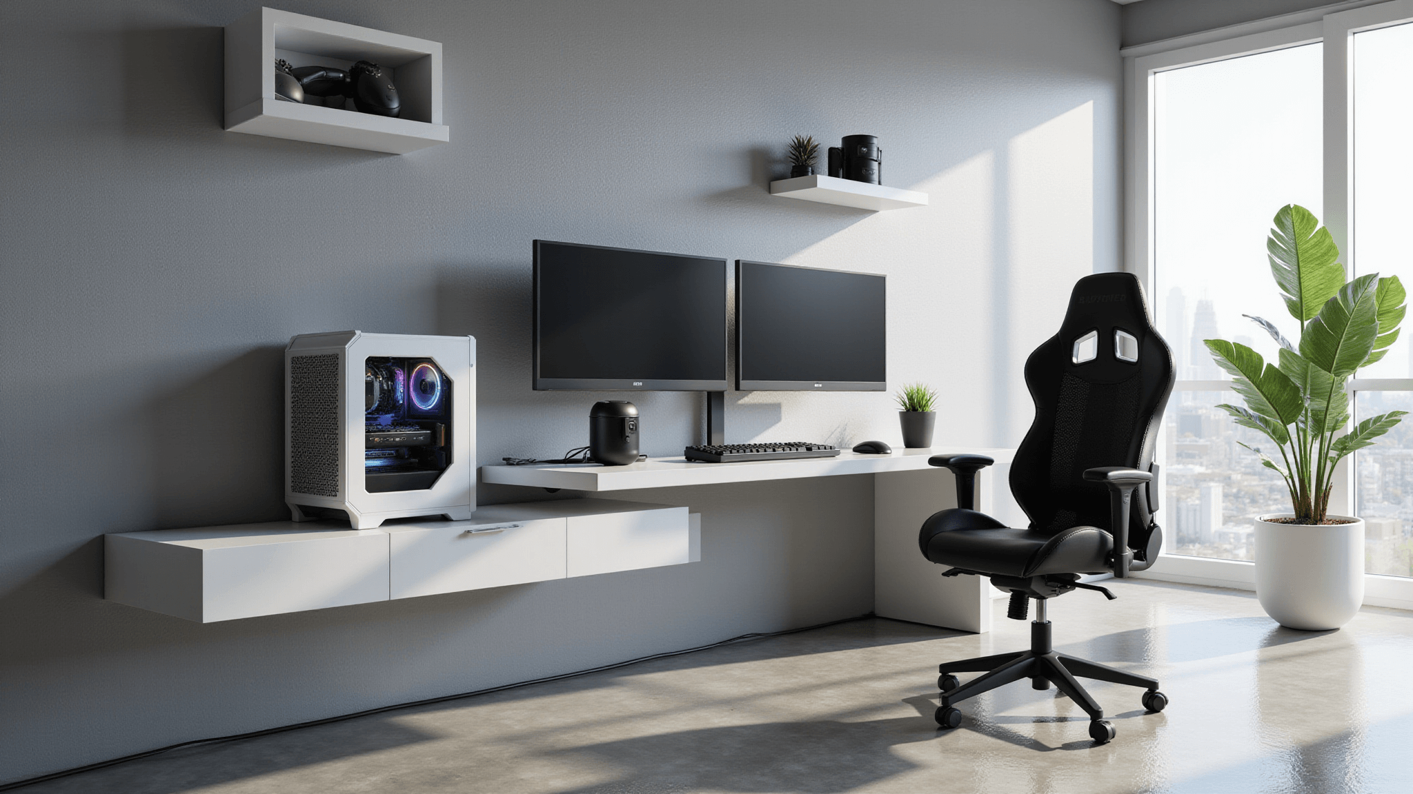 A sleek minimalist gaming room with a white floating desk, triple monitor setup, and ergonomic gaming chair, illuminated by natural light through large windows, featuring polished concrete floors and decorative shelves.