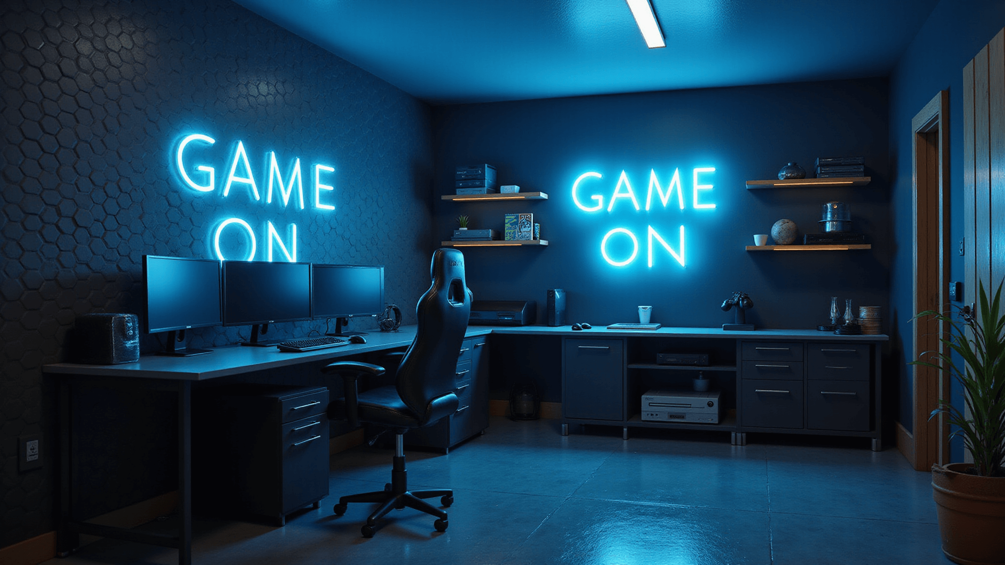 A photorealistic gaming sanctuary featuring a neon blue "GAME ON" sign, multi-monitor curved setup, industrial shelves with collectibles, hexagonal wall panels with RGB lighting, and a leather gaming chair, all under moody atmospheric lighting and dramatic shadows.
