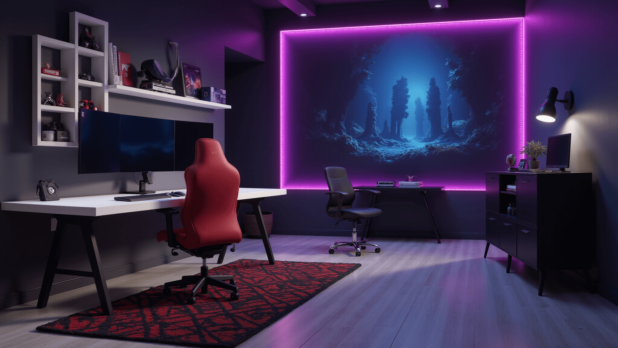 A photorealistic gaming room featuring matte black walls, an ultra-wide curved monitor on a minimalist desk, a plush red gaming chair, floating shelves with collectibles, and an illuminated RGB setup, highlighted by a geometric rug and an 8-bit pixel art mural.
