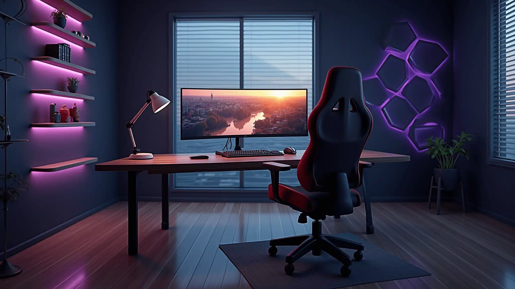 Photorealistic gaming sanctuary featuring a sleek curved ultrawide monitor, ergonomic chair, and ambient RGB lighting against dark walls, with gaming collectibles on glass shelves and clean cable management, captured in dramatic dusk lighting.