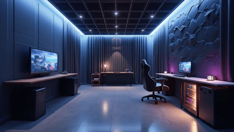 Photorealistic ultra-wide angle shot of a luxury gaming room featuring modern tech, soft LED ambient lighting in blue and purple, a glossy black gaming PC, ergonomic desk and chair, and polished concrete flooring, captured during blue hour.