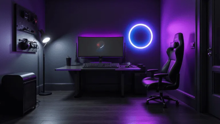 A sleek black minimalist gaming room featuring a height-adjustable desk, ultrawide curved monitor, ergonomic chair, and organized gaming peripherals, all illuminated by RGB neon lights and a Dyson lamp, captured in photorealistic detail with dramatic shadows and reflections.