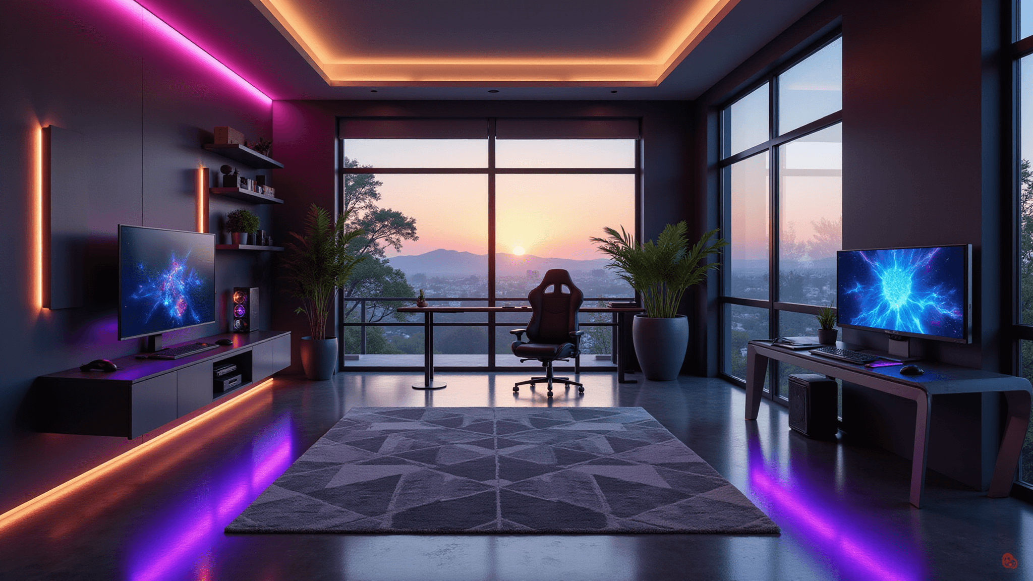 Home Cinematic wide shot of a modern gaming sanctuary featuring a sleek setup with a curved ultrawide monitor, ergonomic chair, custom PC with liquid cooling, and RGB ambient lighting, all against a dramatic backdrop of floor-to-ceiling windows at golden hour.