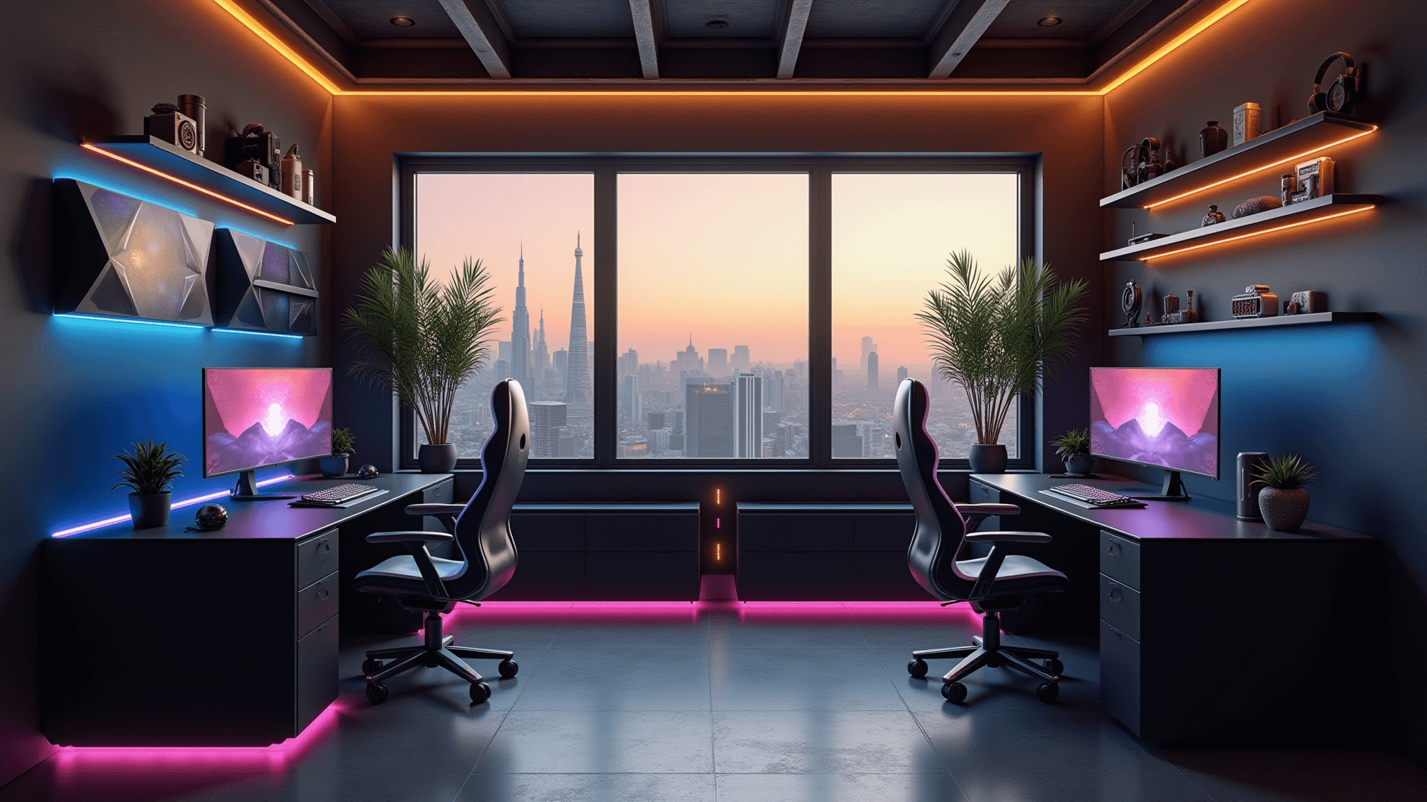 A luxurious modern gaming room featuring symmetrical dual U-shaped setups with ultrawide curved monitors, custom water-cooled PCs with RGB lighting, and ergonomic Herman Miller chairs. The ambient electric blue and purple LED lighting enhances the space, complemented by geometric acoustic panels and polished concrete floors. The interior showcases cable management perfection, industrial ceiling beams, and minimalist Japanese-inspired decor with potted plants, all dramatically lit during golden hour.