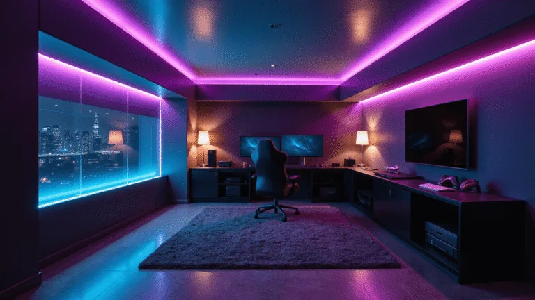 Photorealistic interior of a premium gaming room at dusk with an ultrawide curved monitor, RGB ambient lighting, and modern decor.
