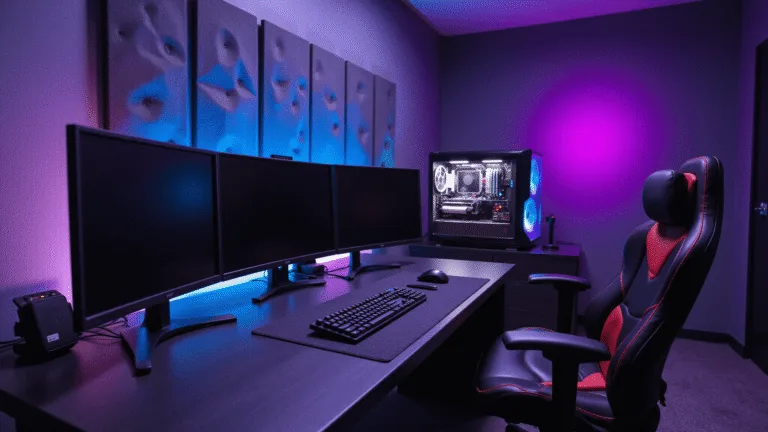 Hyperrealistic photograph of a premium gaming sanctuary featuring a matte black floating desk with triple ultrawide curved monitors, rich RGB lighting, and a custom-built PC, shot in cinematic 32:9 ratio during blue hour.