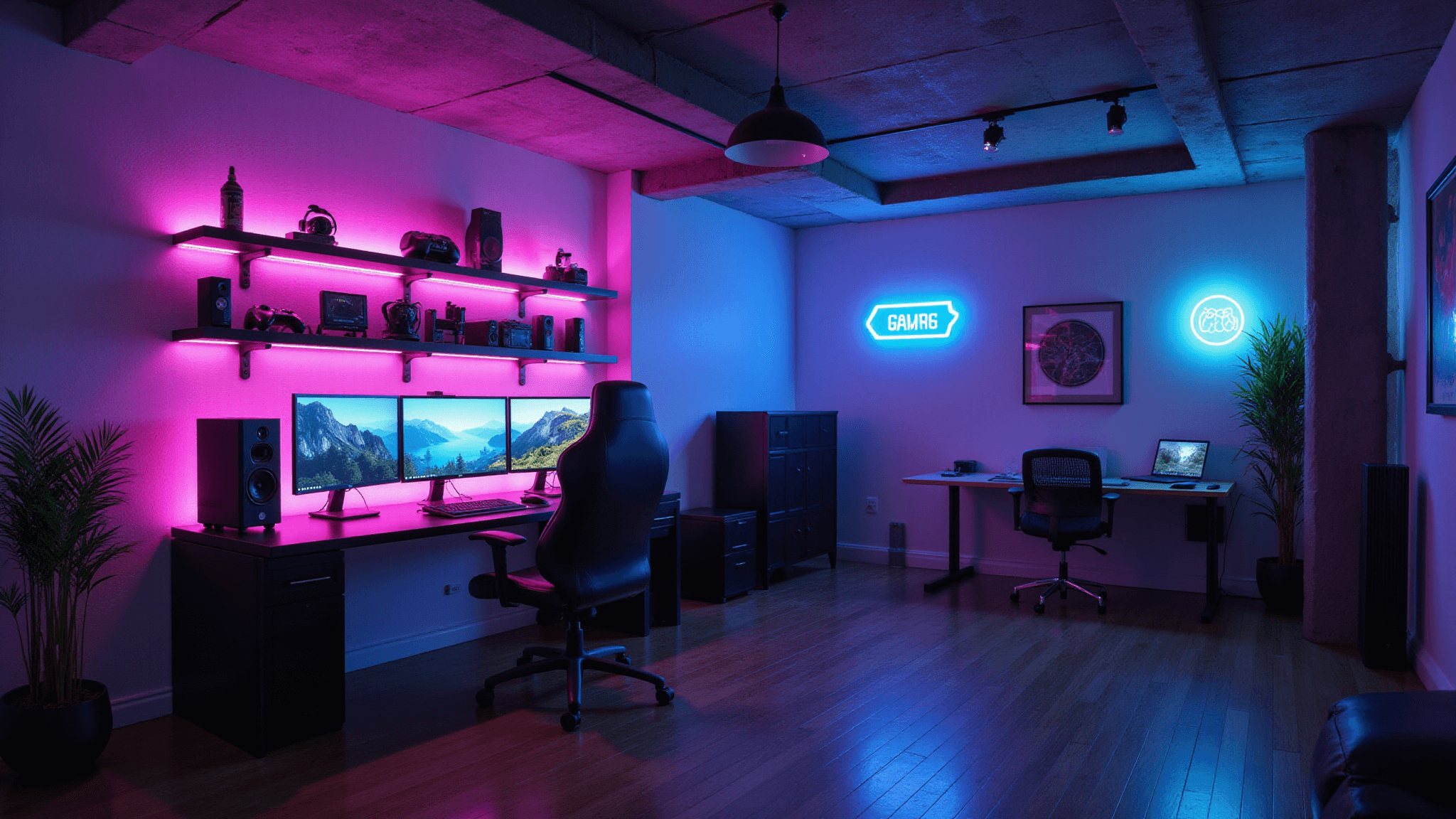 A luxurious modern gaming room with a custom ultrawide desk setup, featuring RGB ambient lighting, triple monitors, an ergonomic black leather chair, and gaming collectibles on display, all captured in a photorealistic 8K shot with dramatic lighting and depth of field.