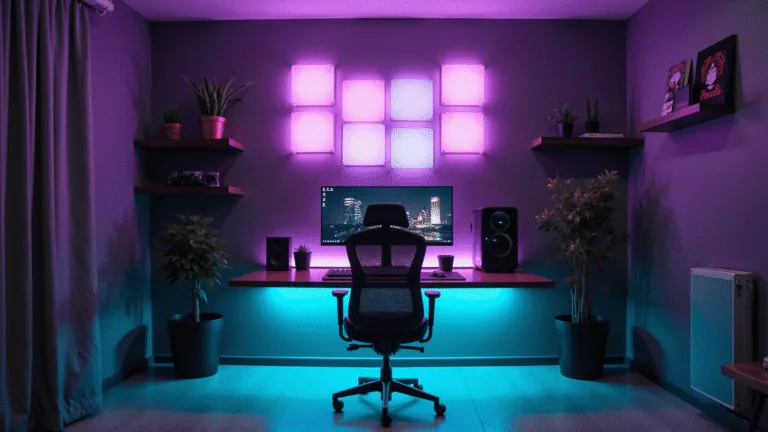 A modern minimalist gaming room featuring a sleek floating desk with a curved monitor, RGB-lit gaming PC, and geometric Nanoleaf panels in soft lighting.