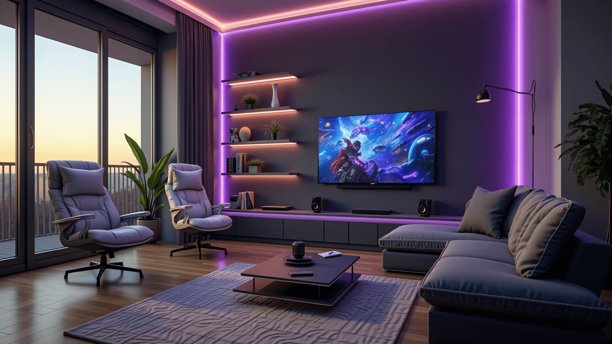 A modern living room gaming setup with a sleek OLED TV, ambient RGB lighting, plush sectional sofa, ergonomic chairs, and curated gaming collectibles, captured in a cinematic style during golden hour.
