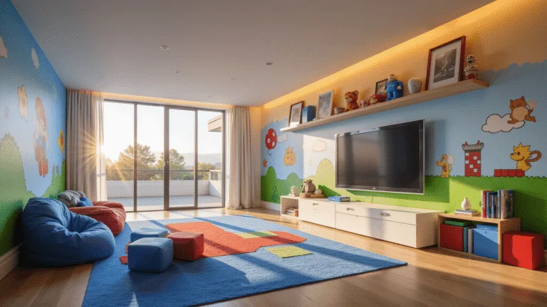 A spacious modern kids' game room featuring a vibrant Super Mario mural, gaming area with a 65-inch TV, blue bean bag nook, and LEGO station, illuminated by golden hour light through large windows.