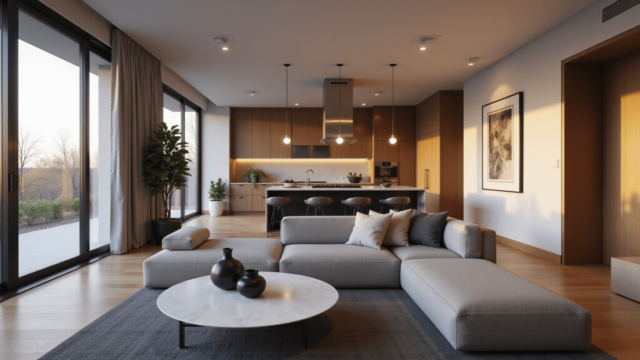 A photorealistic minimalist modern living room featuring a gray sectional sofa, white quartz coffee table, and matte black accents, illuminated by golden hour light through floor-to-ceiling windows, with warm oak hardwood floors and sleek kitchen island in the background, showcasing luxury and contemporary design.