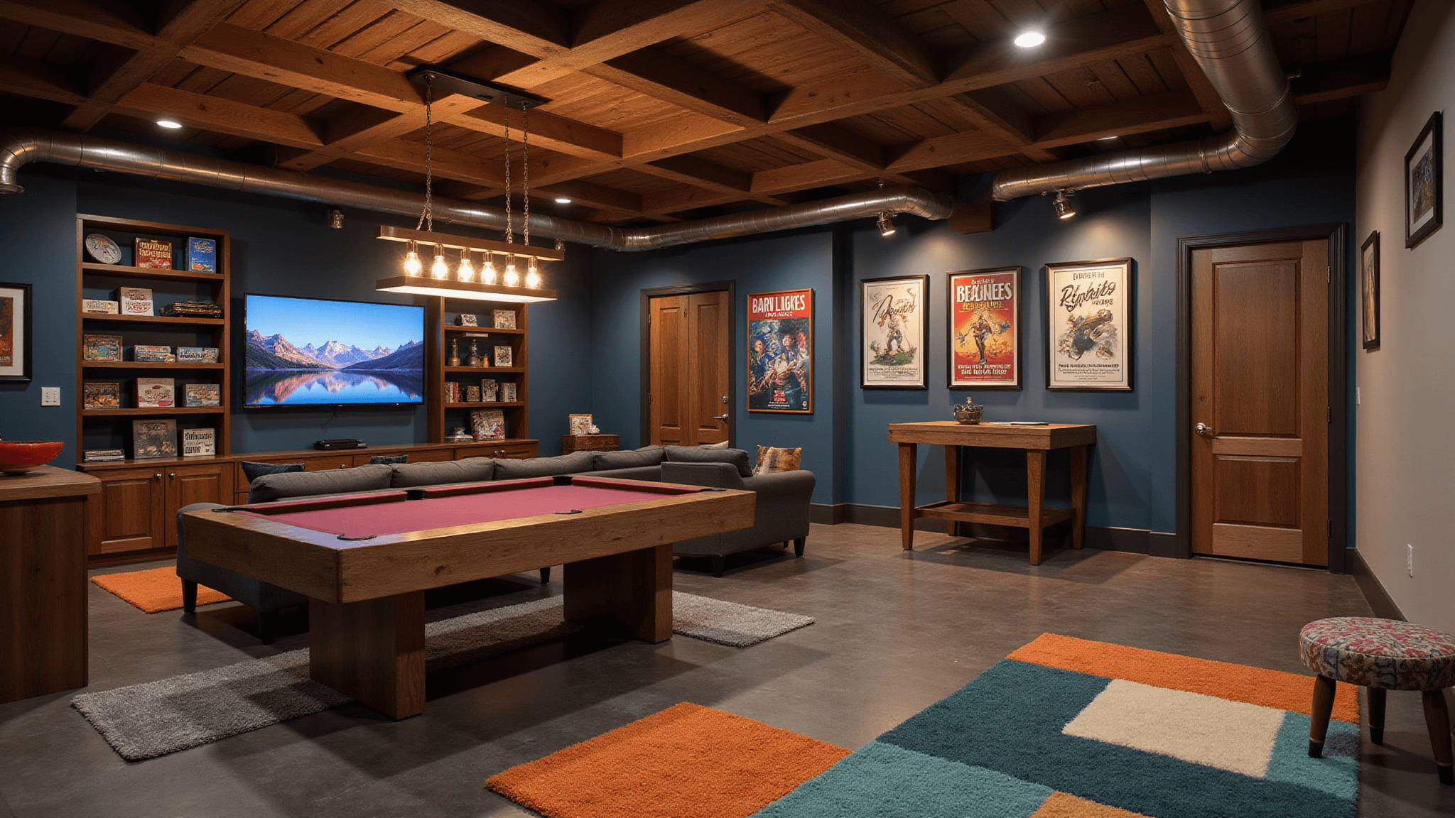A luxurious basement game room with deep navy walls, exposed wooden beams, and industrial ductwork. Features include a plush sectional facing a large TV, a vintage pool table, a wet bar, and geometric-patterned rugs, all bathed in warm Edison bulb lighting during golden hour.