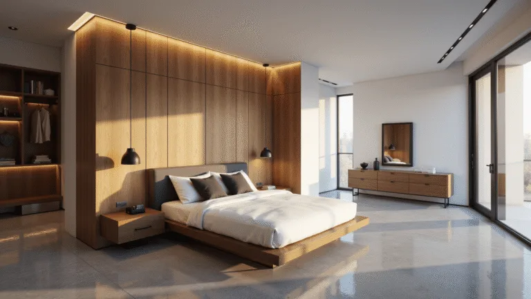 A modern luxury master bedroom featuring a king-sized bed with white linens against a wood-paneled wall, illuminated by golden hour sunlight through floor-to-ceiling windows, with minimalist decor, walnut accents, and ambient LED lighting.