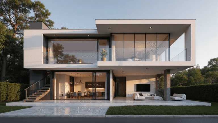 Cinematic wide-angle view of a modern two-story Bloxburg home featuring a minimalist design with floor-to-ceiling windows, a floating staircase, and a luxurious interior in gray and white, illuminated by golden hour sunlight.