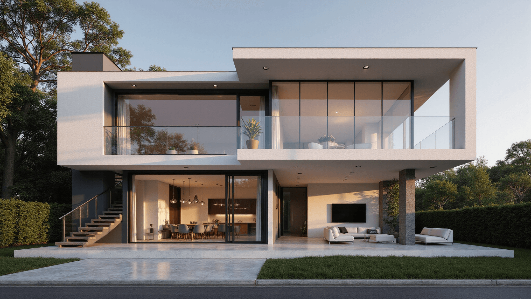 Cinematic wide-angle view of a modern two-story Bloxburg home featuring a minimalist design with floor-to-ceiling windows, a floating staircase, and a luxurious interior in gray and white, illuminated by golden hour sunlight.