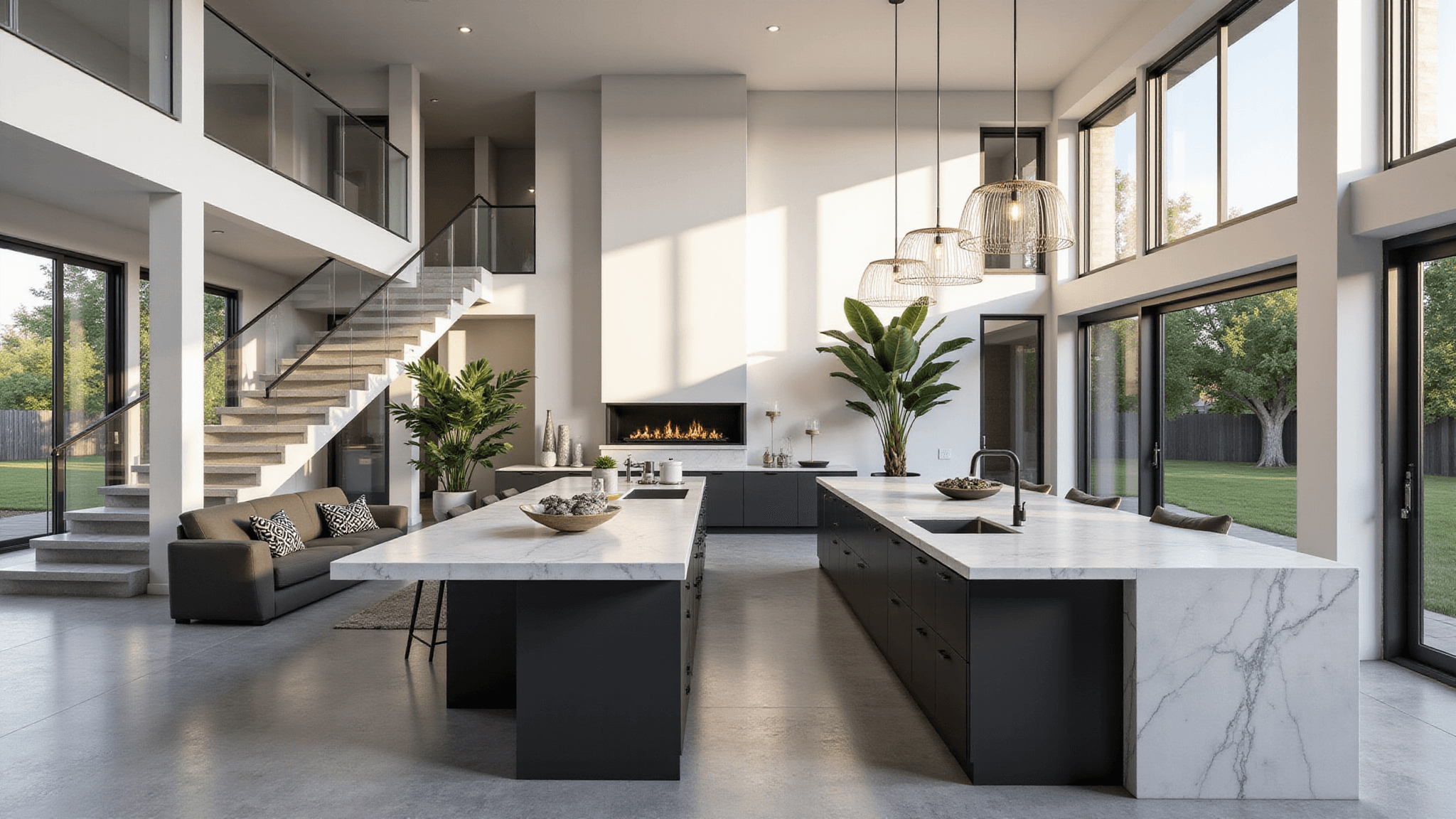 Photorealistic interior of a modern luxury Bloxburg home showcasing an open-concept space with floor-to-ceiling windows, minimalist design, and polished concrete floors, featuring a floating staircase, expansive kitchen island, contemporary furniture, and dramatic lighting.